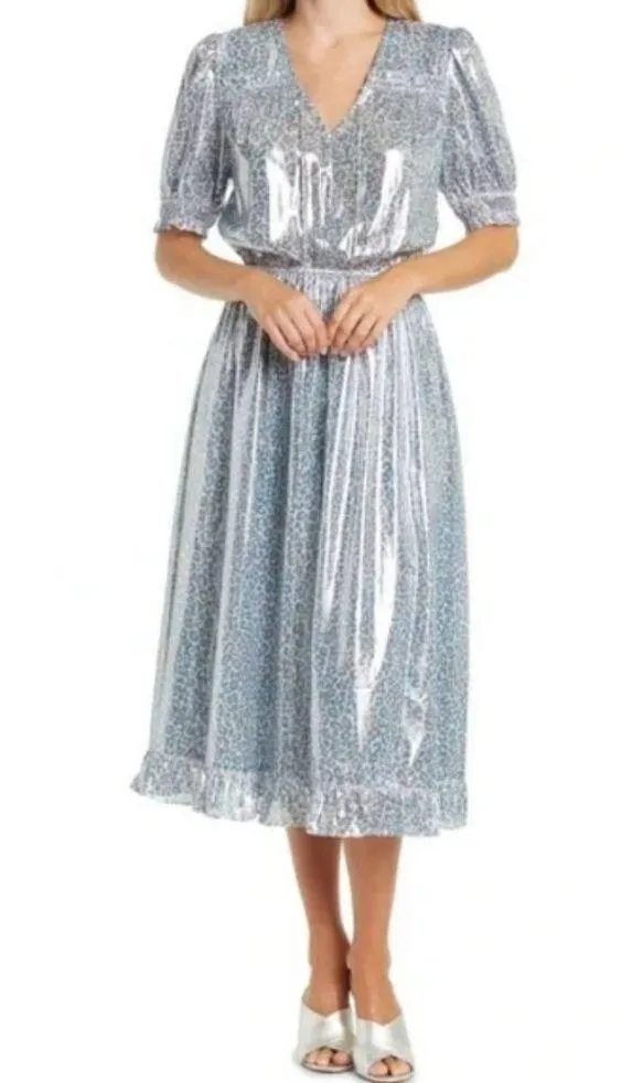 💕CURRENT AIR💕 Metallic Shine Midi Dress Shiny Blue Leopard Print Medium M NWT - Image 5