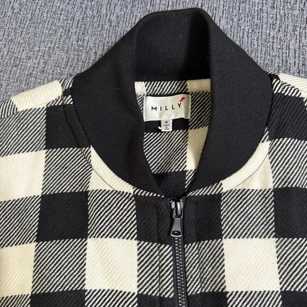 Milly Black and White Plaid Wool Zip Up Bomber Jacket - Image 4