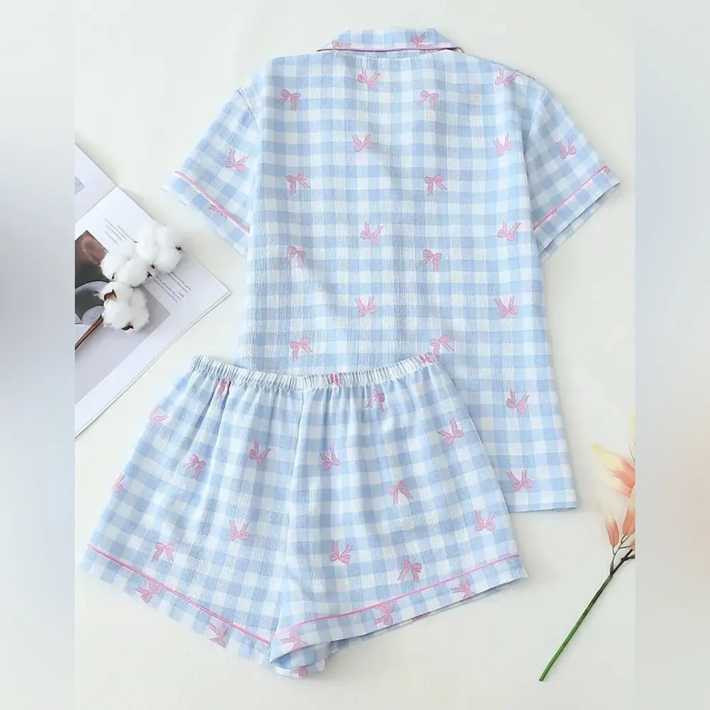Blue Gingham Bow Pajama Set – Women’s Size Large - Image 2