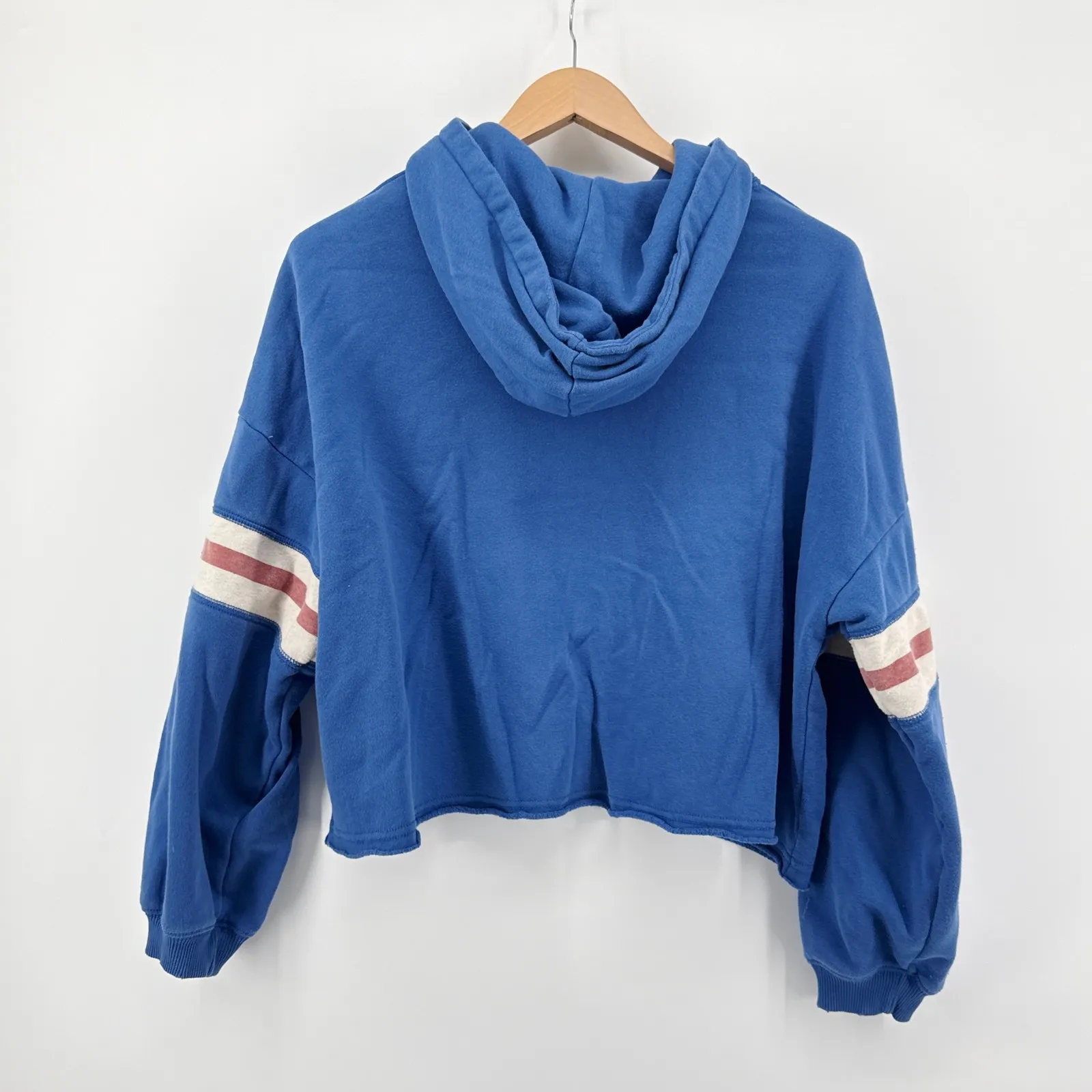 American Eagle Varsity Blue Crop Hoodie Striped Sleeve Sweatshirt Medium - Image 5
