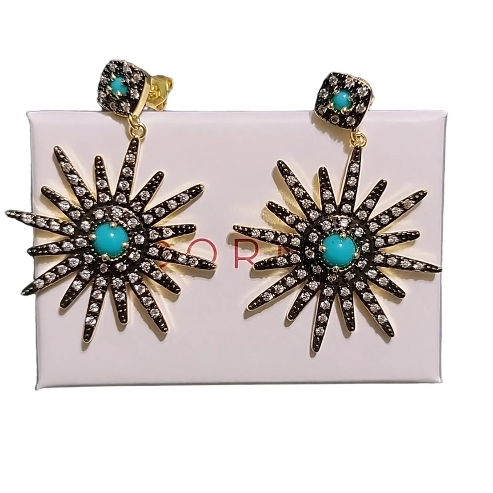 14k Yellow Gold Plated Turquoise Swarovski Crystal Starburst Dangle Earrings - Image 4