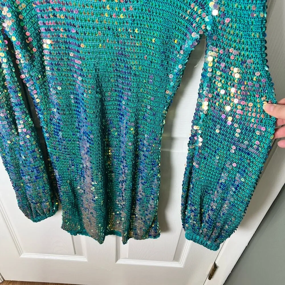 Retrofete Tara Sequin Crochet Lone Sleeve Mini Dress in Aquamarine M/L - Image 4