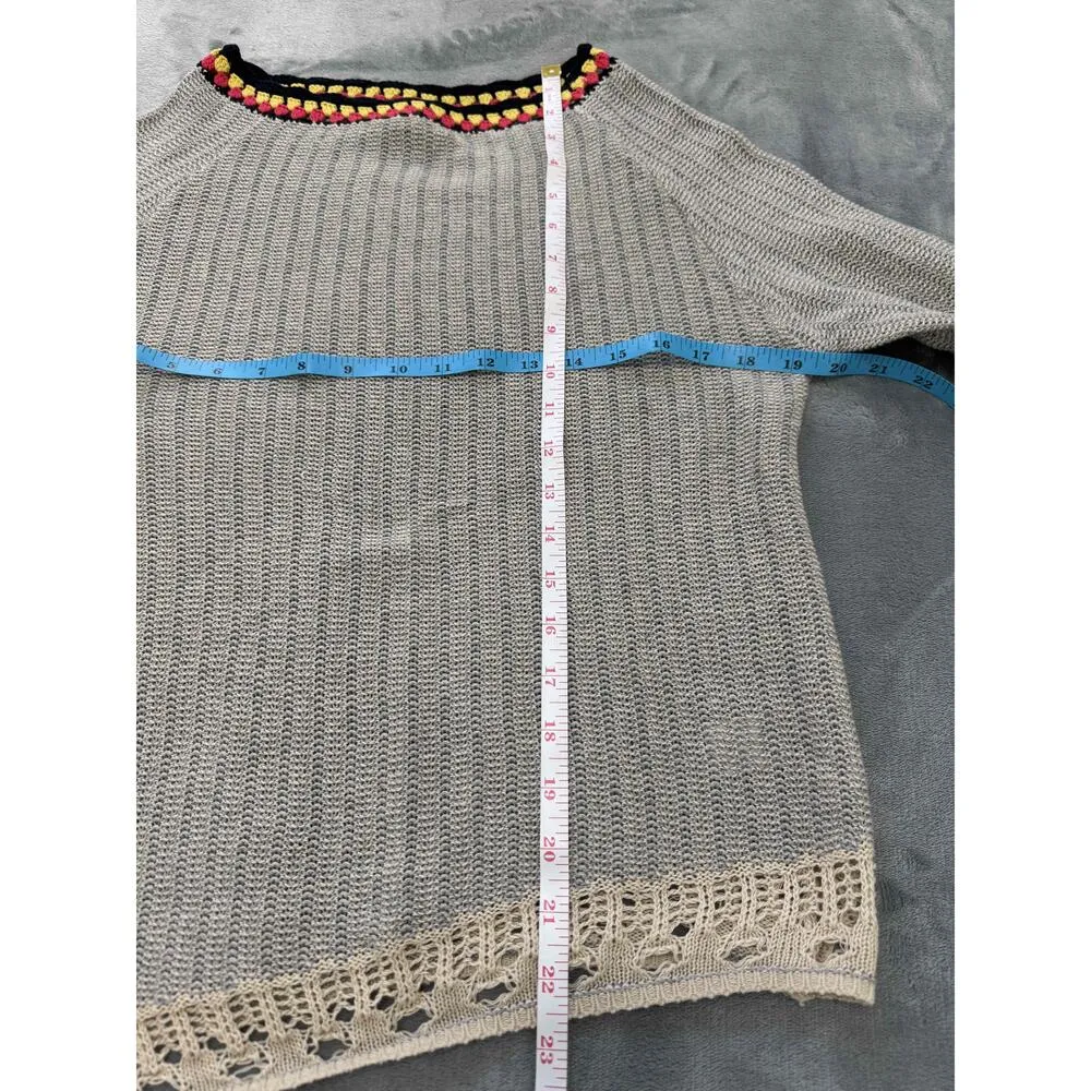 T H M L ‎ Gray Beige Asymmetric Hem Crocheted Knit Pullover Sweater M - Image 6
