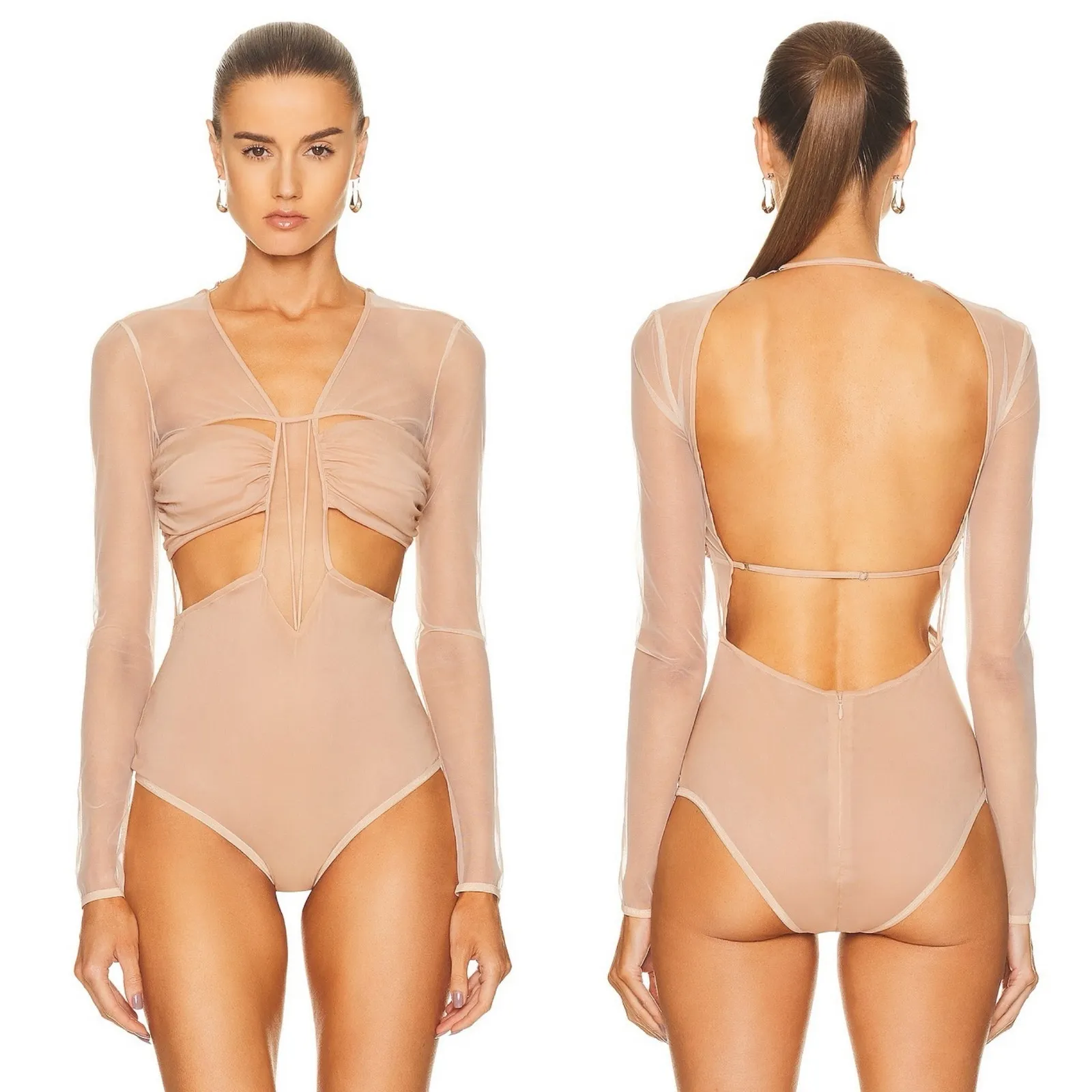 Nensi Dojaka Gathered Long Sleeve Bra Top In Sable Tan Sz XS - Image 2