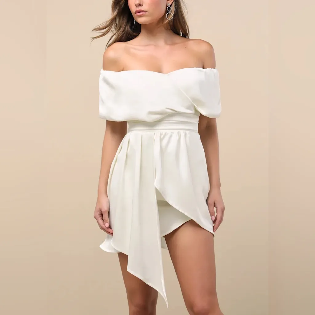 Lulu's NWT Always Celebrating Ivory Satin Off-the-Shoulder Mini Dress Size Small - Image 2