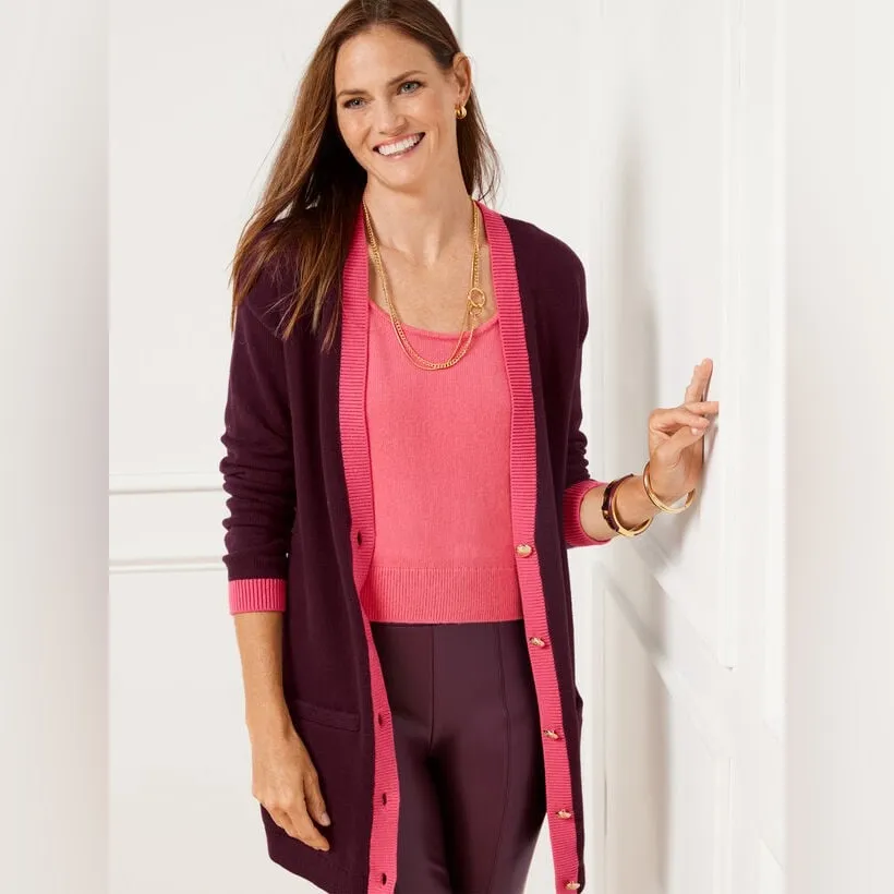 NWOT TALBOTS V-NECK CARDIGAN - TIPPED Contrast Embellished Gold Button Relax M - Image 2