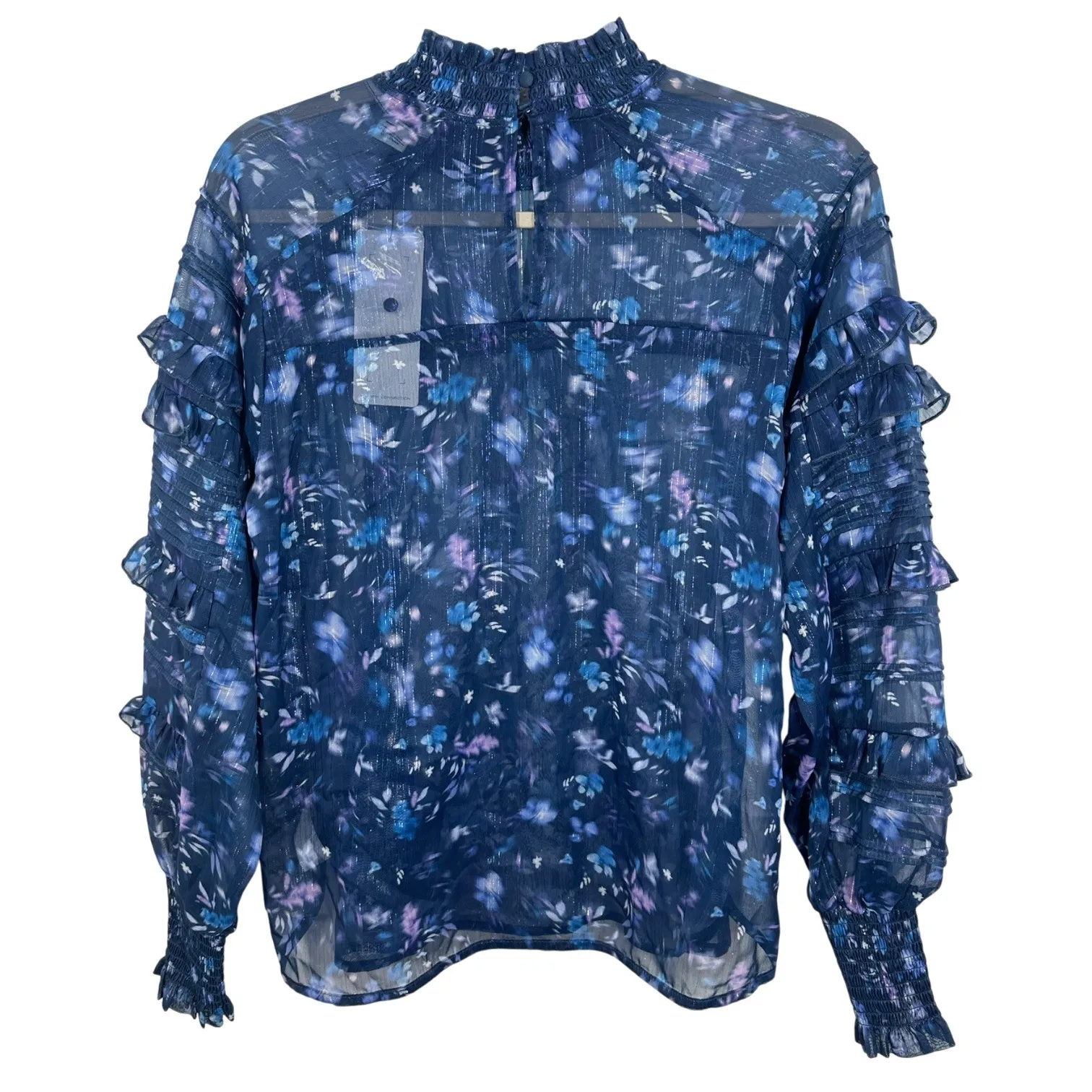 French Connection Anifrida Arica Ruffle Pleat-Sleeve Top Mock Neck Floral Sheer - Image 9