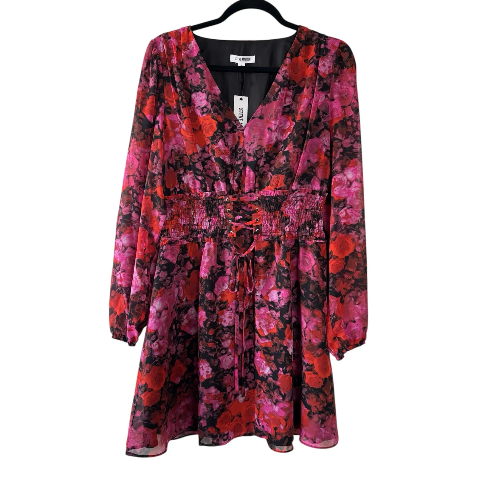Steve Madden Diana Floral Chiffon Long Sleeve Mini Dress Large NWT Corset Waist - Image 2