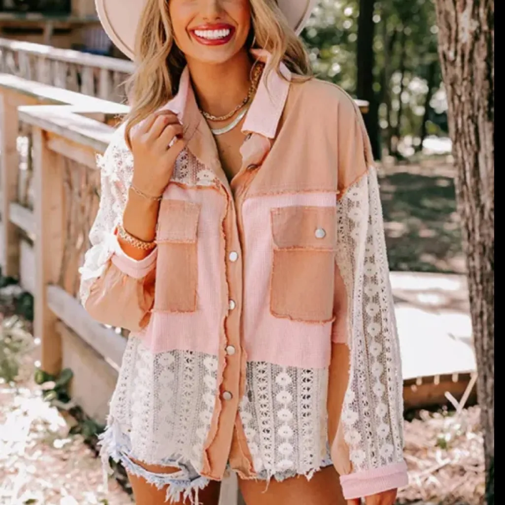 POL oversized jacket patchwork boho lace denim crochet pink pocket mesh size S - Image 2