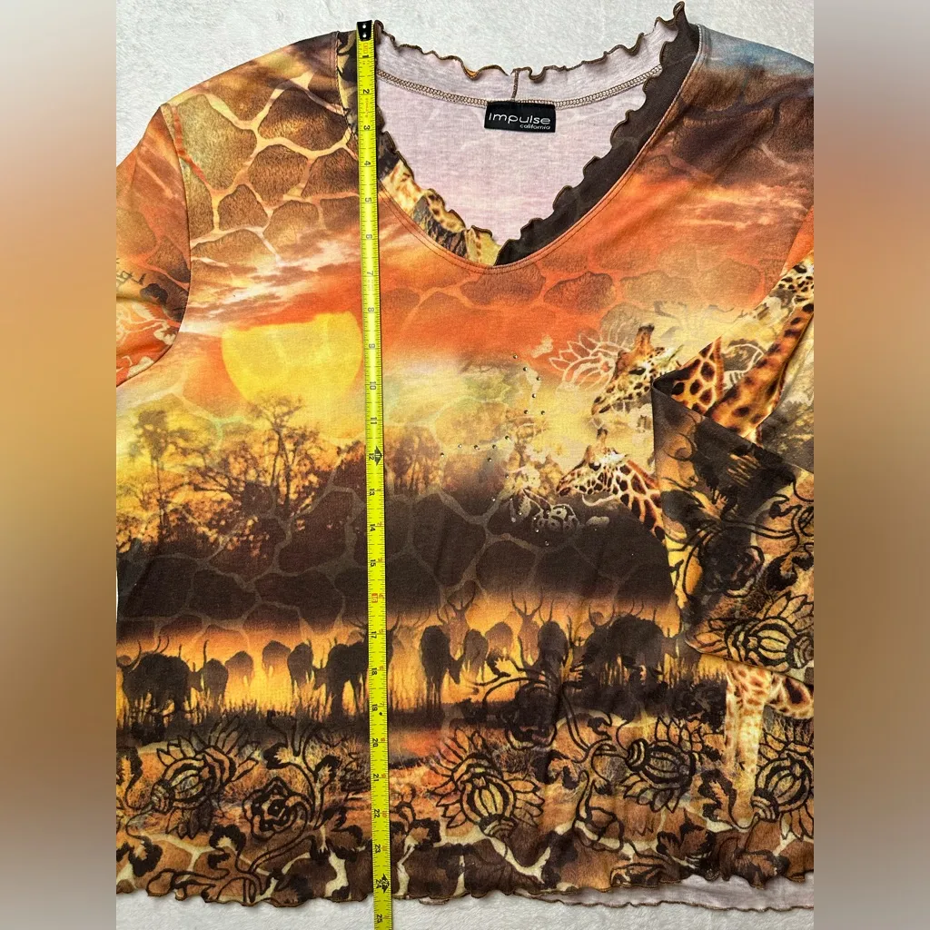 Impulse California Giraffe Lettuce Trim Long Sleeve Top Savanna Wildlife Animals Brown Size 2X - Image 12