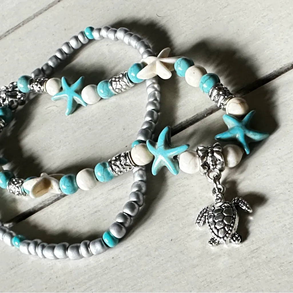 Layered Ankle Bracelet Sea Turtle Silver Blue Turquoise Starfish Beach Boho - Image 3