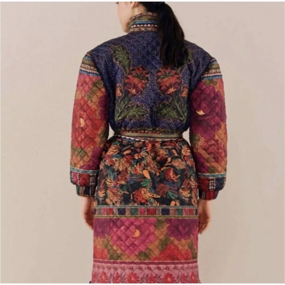 Farm Rio  Puffer Coat jacket M Midi Longline Belted Patchwork Parrot Reversible - Image 4