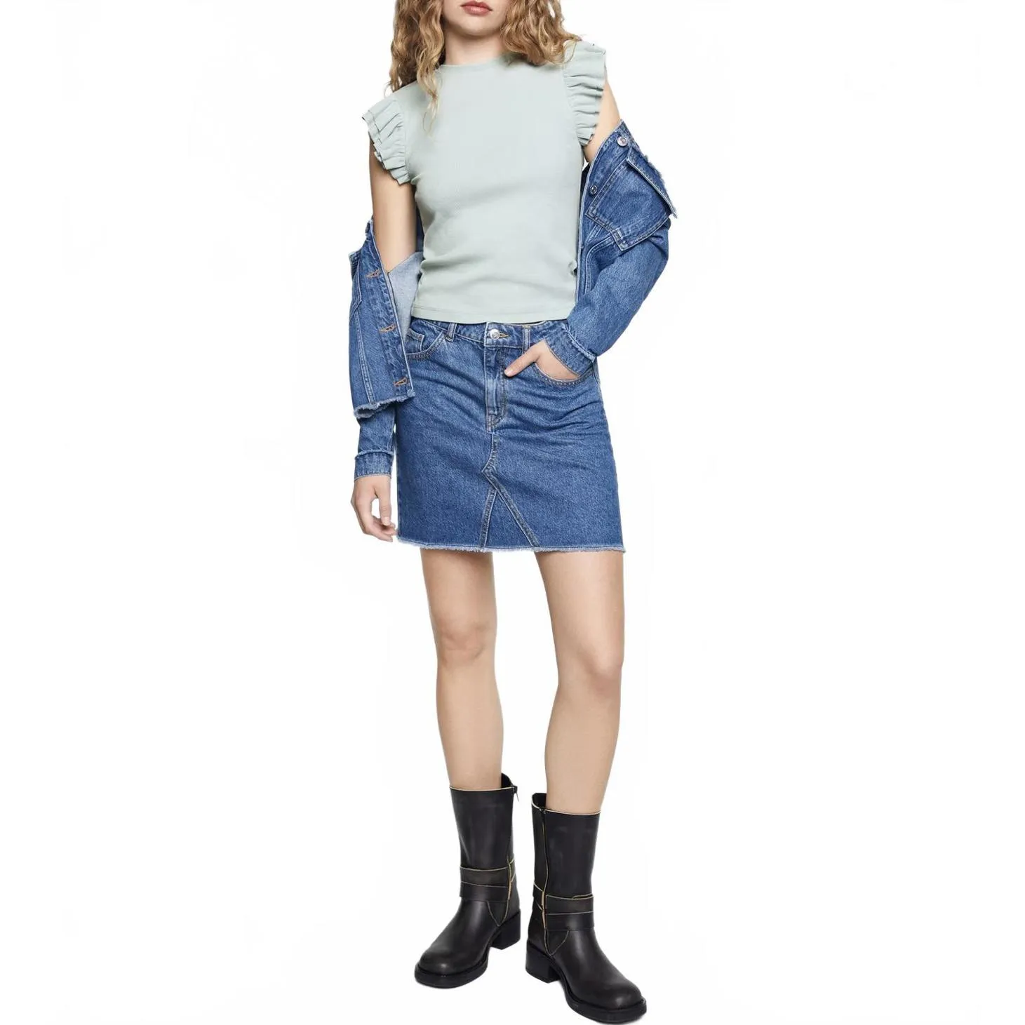 Mango Cotton Short-Sleeved Ruffle T-Shirt Blue NWT Teen's XS - Image 5