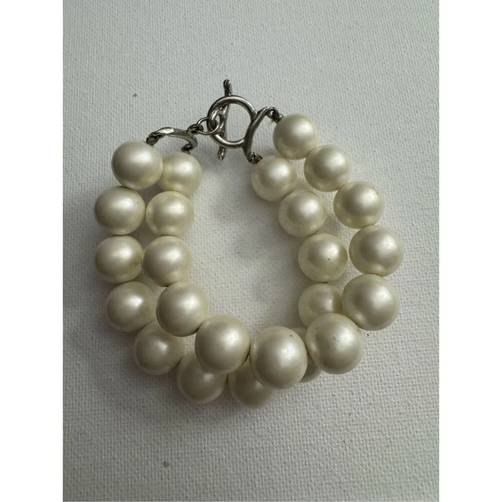 90's Vintage‎ Womens Chunky White Beaded Pearl Tone Tiered Layered Bracelet Y2K - Image 2