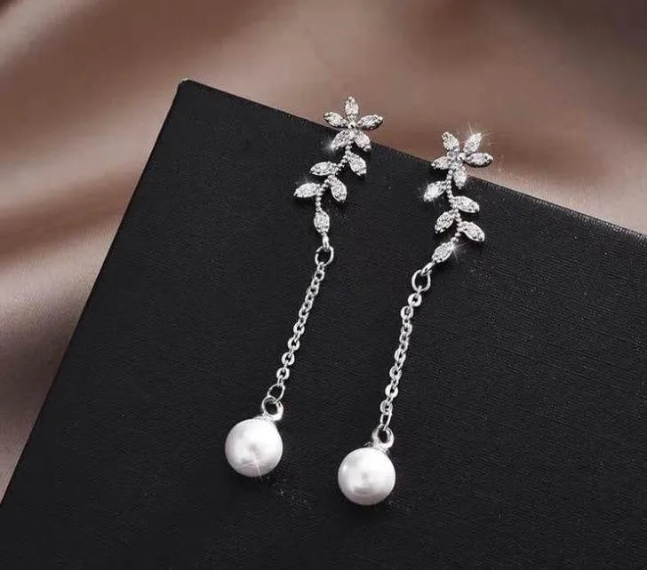 Women's Flower Pearl Dangle Drop Earrings Silver - Image 4