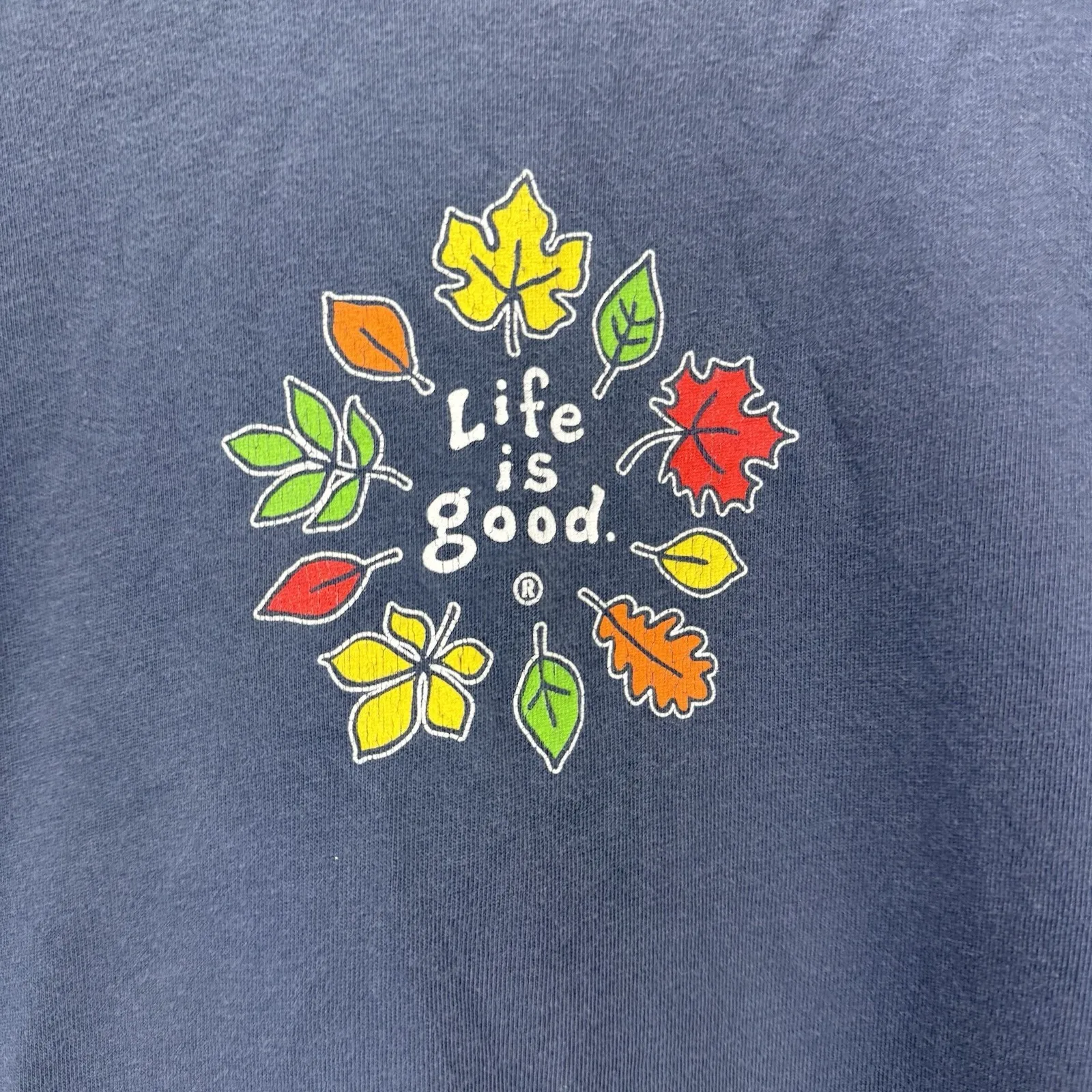 Life is Good Blue Autumn Fall Leaves Crew Neck L/S Crusher Tee Size XL - Image 4