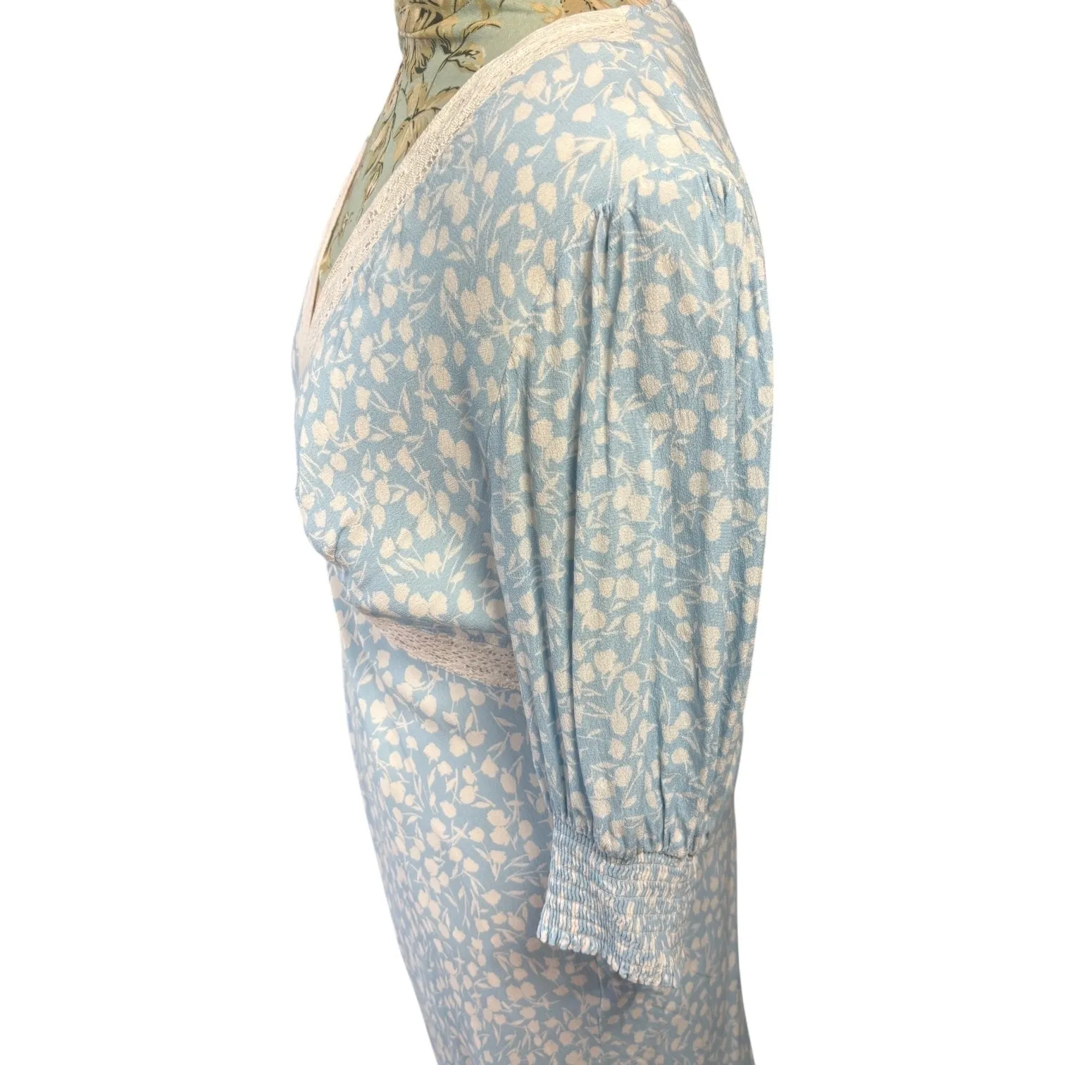 RIXO Blue Floral Puff Sleeve Lace Inset Swing Dress Maxi Dress sz 16 Cottagecore - Image 9