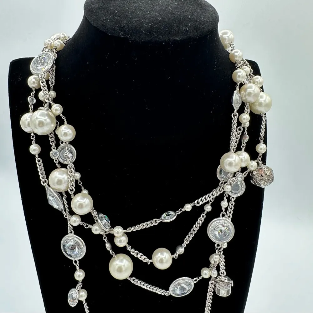 Henri Bendel Socialite Long Double Strand Silver Chain Necklace Charms Pearls - Image 3