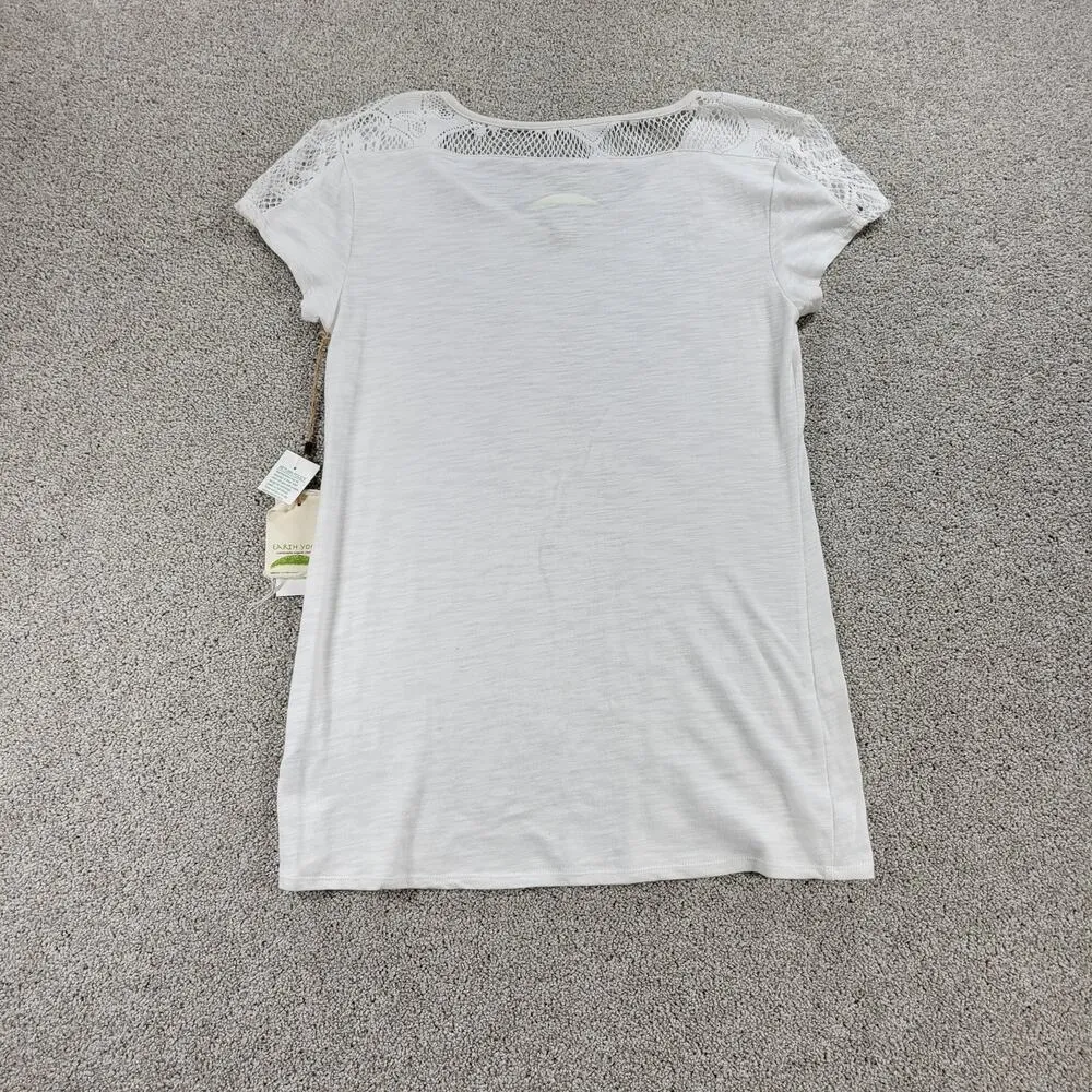 Earth Yoga Womens Top L White Lace Mesh Trim V Neck Capped Short Sleeve NEW Size L - Image 2