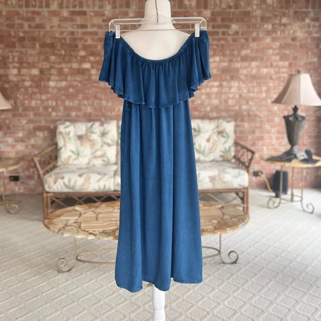 Style Envy Dress Chambray Off the Shoulder Blue Flounce L Party Brunch Trendy Size L - Image 5