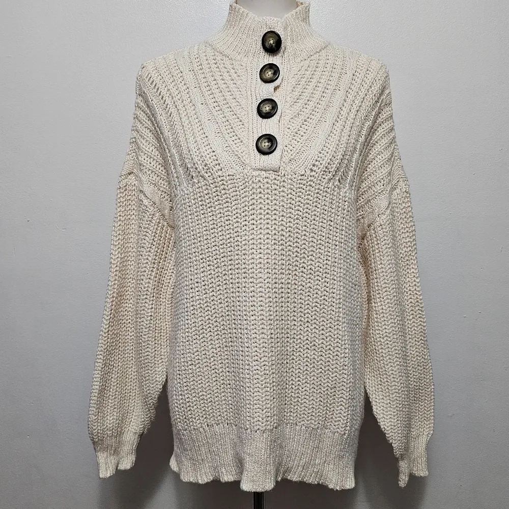 Aerie Cream Button Mockneck Cable Knit Detail Sweater Size Large - Image 2