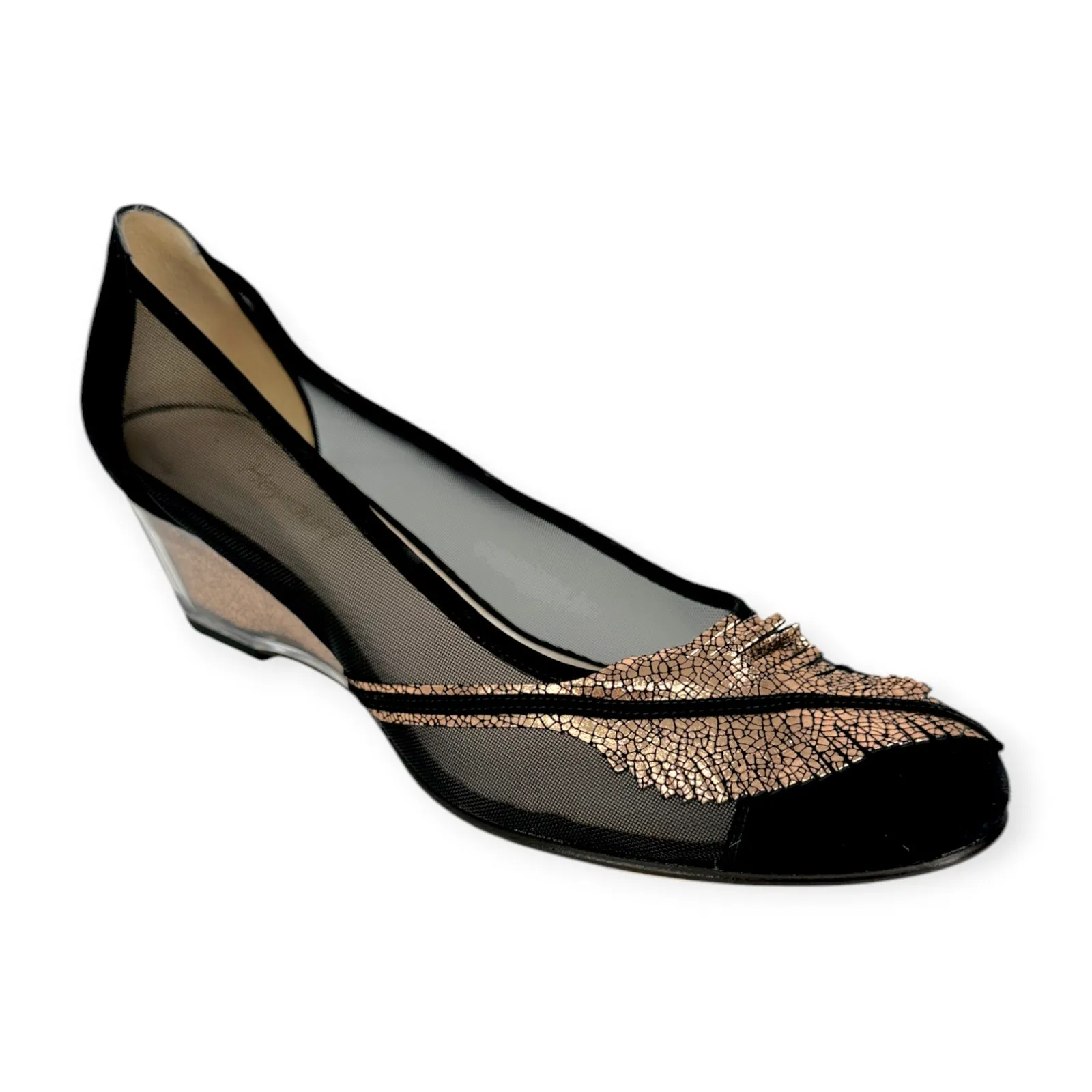 Heyraud | 38.5 | Black Mesh Copper Leaf Embellished Clear Heel Slip - Image 2
