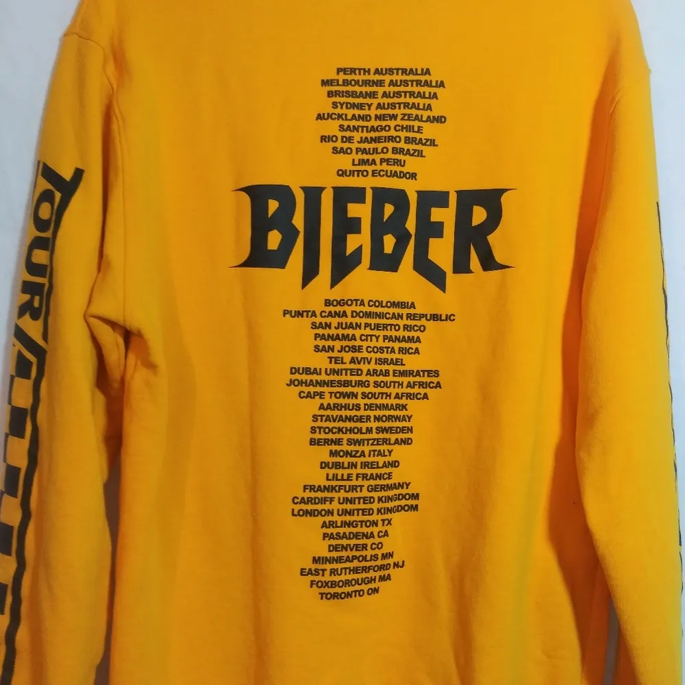 Team Bieber World Tour Yellow Crew Neck SweatShirt Uni Merch Casual Size Small - Image 10