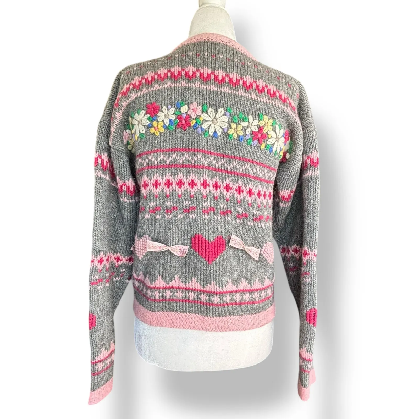 Vintage Eagles Eye Wool Knit Cardigan Pink Gray Floral Heart Bow Small Grandma - Image 6