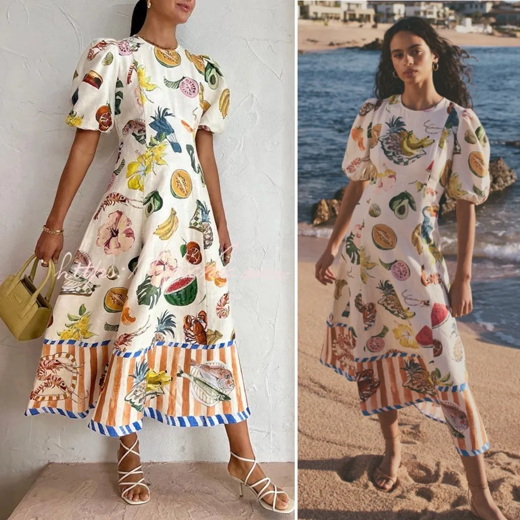 Alemais Theo Midi Dress Tropical Print Linen Cotton Puff Sleeve Size 0 NWT White - Image 3