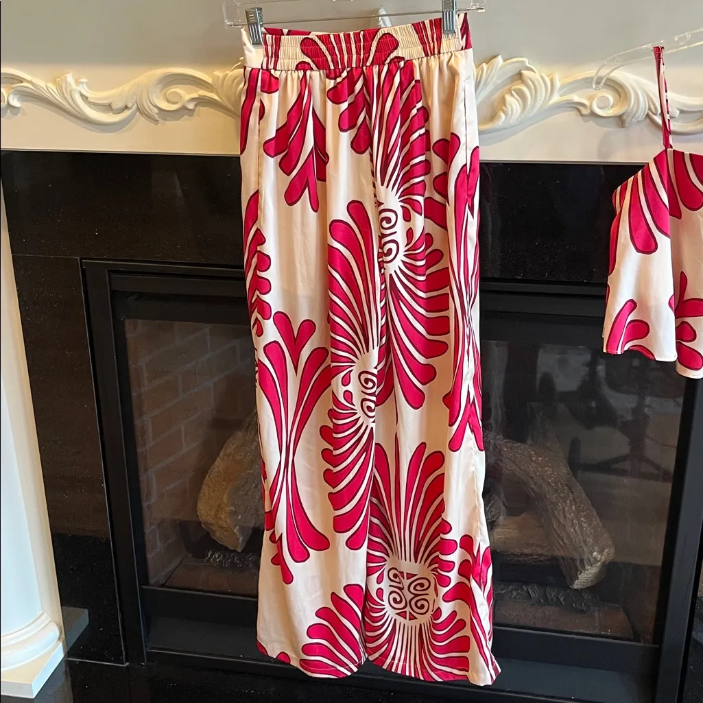 Entro Magenta Champagne Hippie 70s Vibe Wide Leg Pants Matching Flowy Crop Top - Image 6