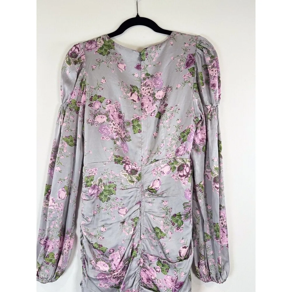 For Love & Lemons Dress Gray Jardin Floral Mini Sheath V Neck Puff Sleeve Small - Image 10