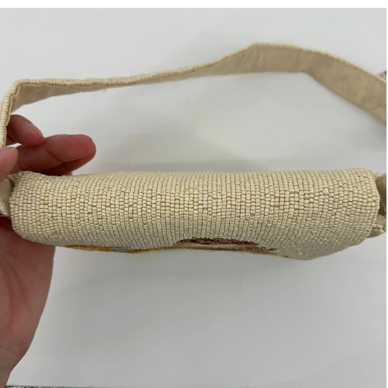 Handcrafted Beaded Macaroon Coffee Croissant Shoulder Bag Purse Cream India Made - Image 8