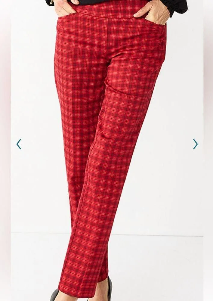 Croft & Barrow Pull On Stretch Pants Straight Fit 22W LONG Red Plaid Valentines - Image 2