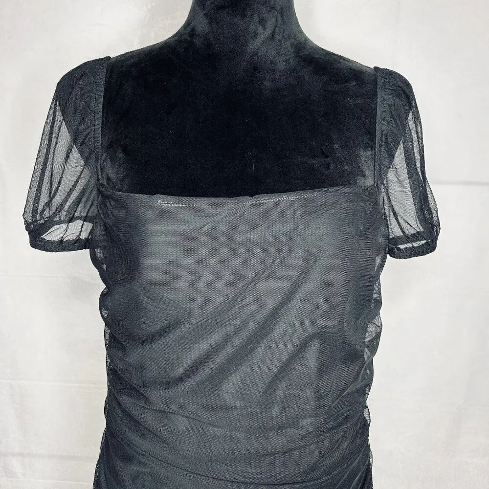 Princess Polly Black Charvi Mini Dress Size 18 Ruched Mesh Overlay Short-Sleeve - Image 2