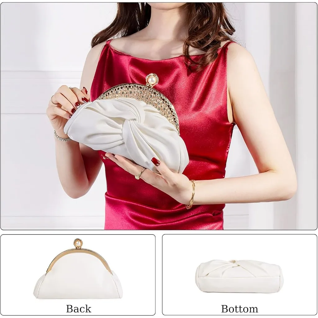 ⚡ Women's Cream Leather Dumpling Pearl Chain Evening Crossbody Clutch Bag - Image 2