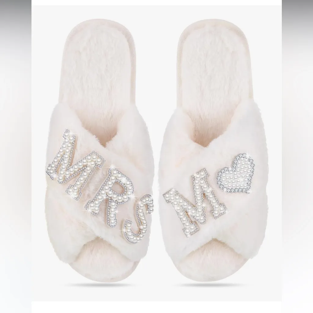 New Bridal Faux Fur Slippers with Rhinestone Letters Silver Size undefined - Image 2