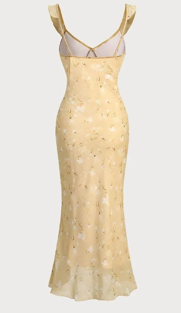 Rihoas Yellow Floral Ruched Ruffle Midi Dress - Image 2