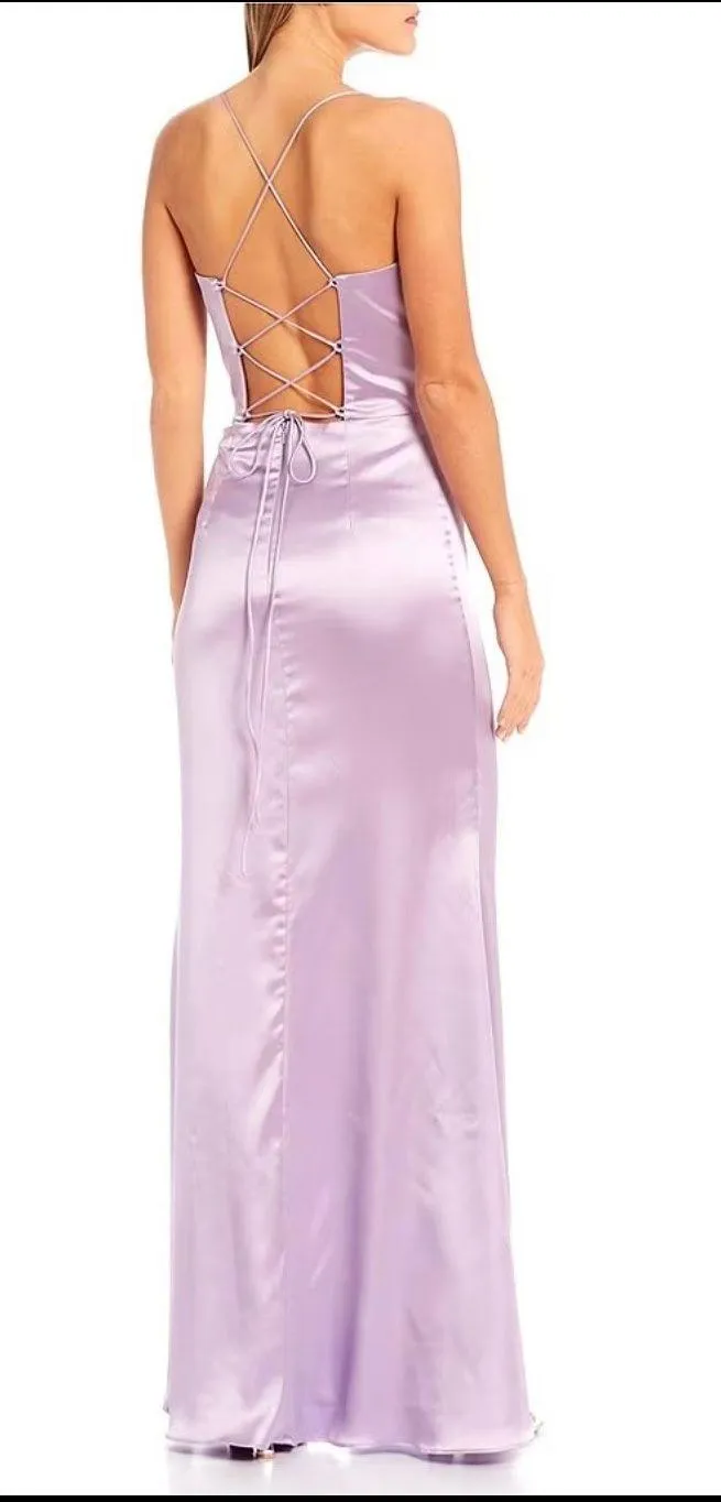 Social Corset Cowl Neck Lace-Up Back Slit Hem Satin Long Dress - Image 2