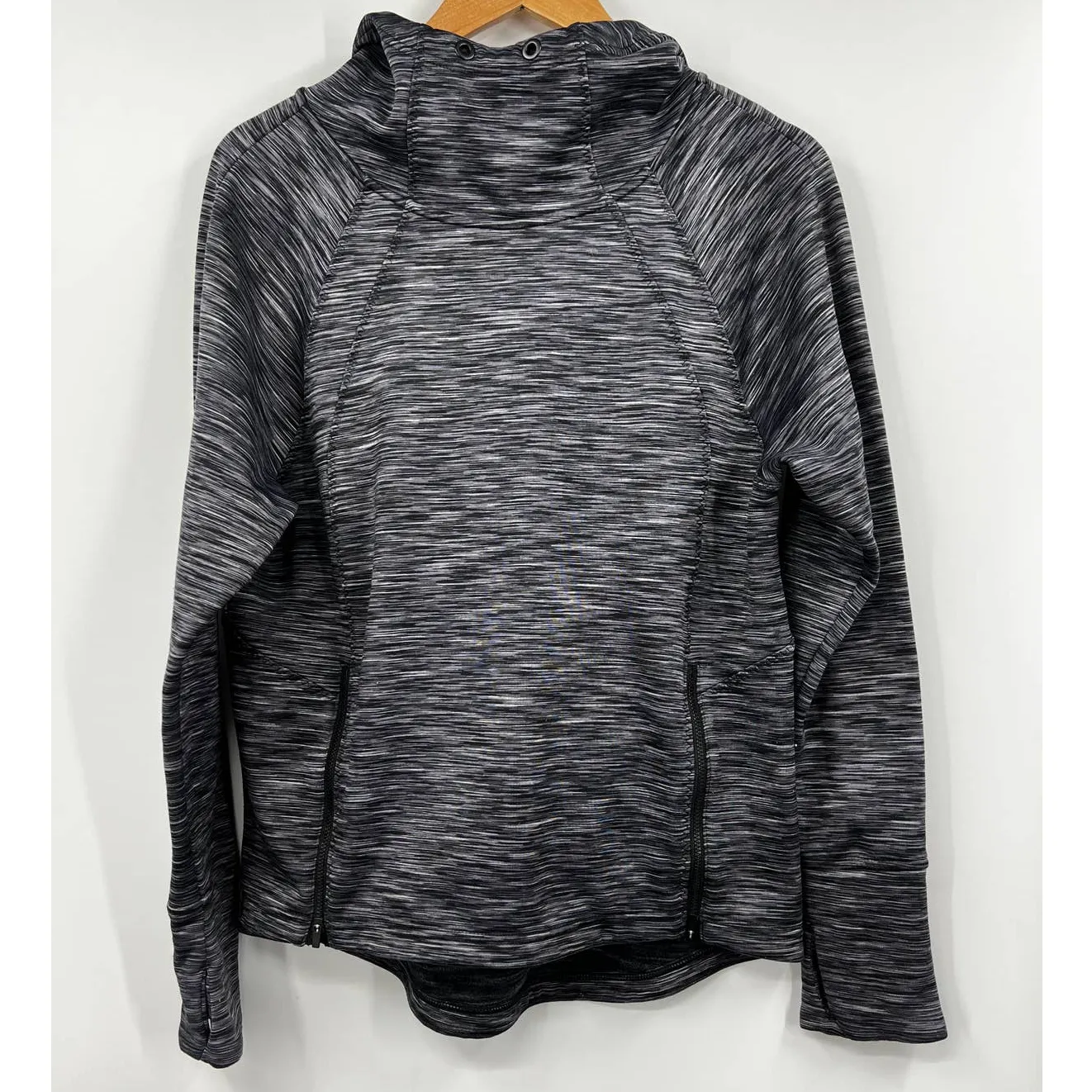 Athleta Cowl Hoodie Pullover Small Womens Black Gray Heather‎ Thumb Holes - Image 2