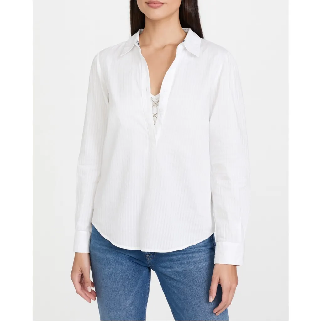 Birds of Paradis by Trovata Cotton Popover Button Blouse Shirt White - Image 12