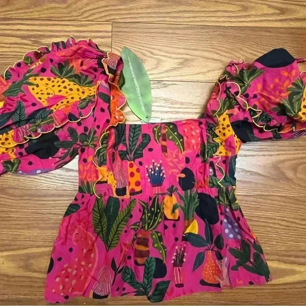 NWT FARM RIO POP LEOPARDS Short Sleeve Top BLOUSE Pink S - Image 9