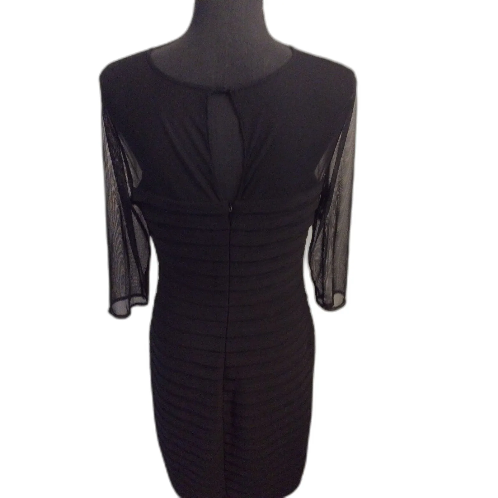 Adrianna Papell Black Sheer Neckline 3/4 Sleeve Cocktail Shutter Pleat Sheath 12 - Image 3