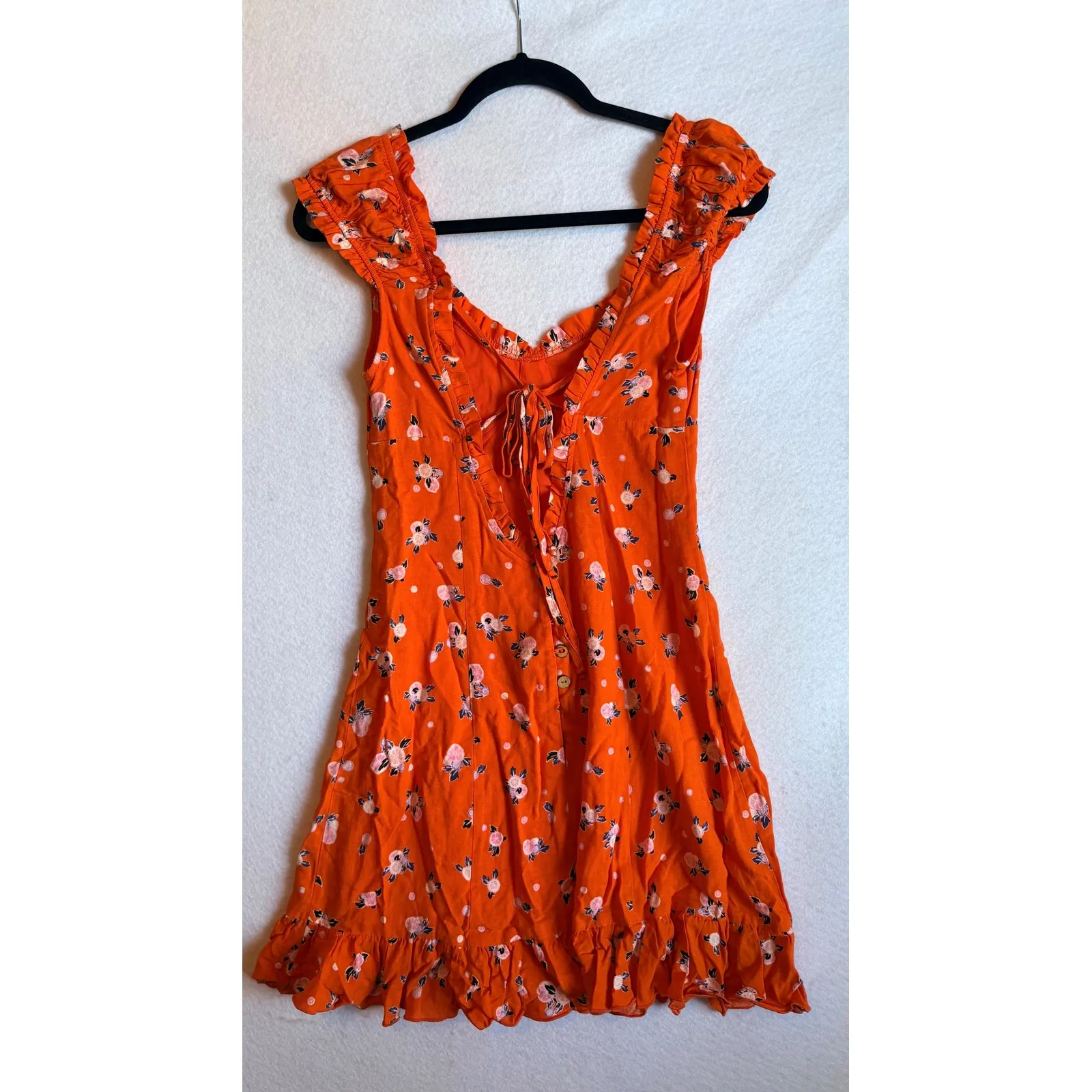 Free People Like A Lady Orange Floral Ruffle Cap Sleeve Tie Back Mini Dress XS - Image 4
