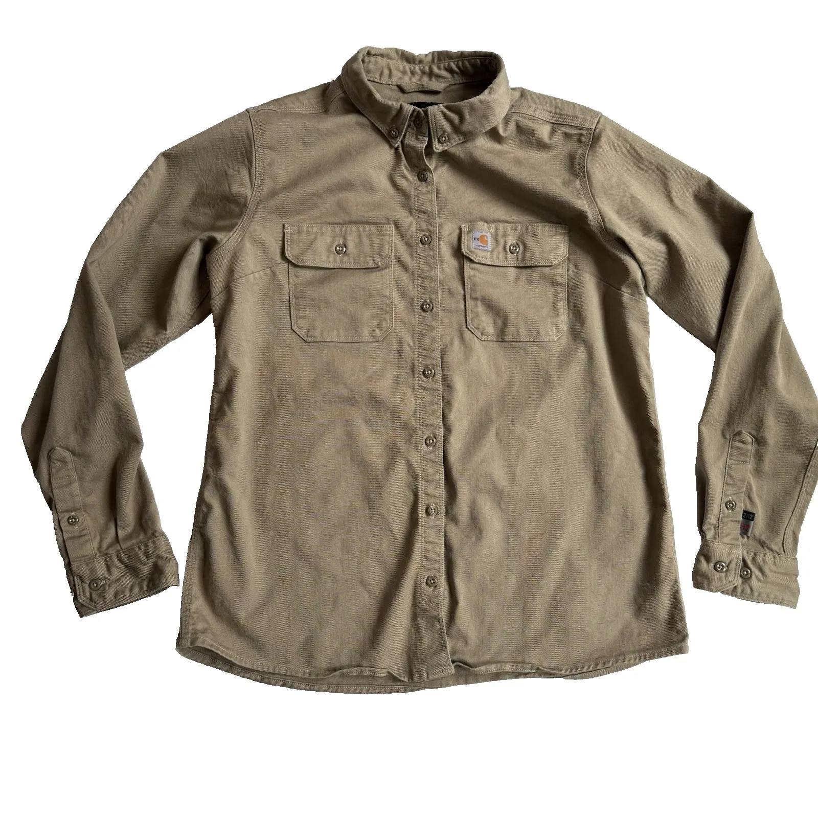 Carhartt FR Long Sleeve Top Women L 12 14 Button Up Relaxed Fit Twill 102459 Tan - Image 3