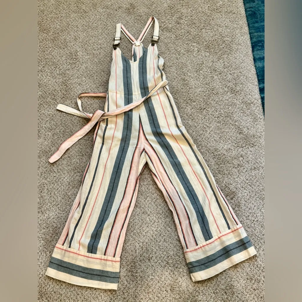 Billabong Striped Baggy Wide-Leg Jumpsuit Boho Coastal Linen Blend - Image 3