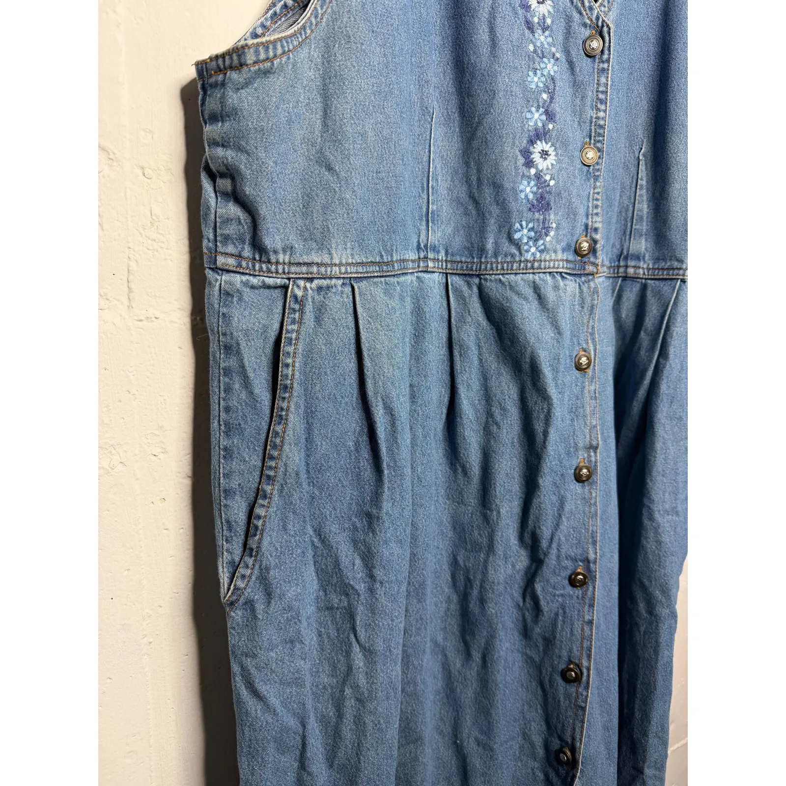 Studio West Vintage 90s 3X Denim Button Down Dress Sleeveless Floral Flowers - Image 4
