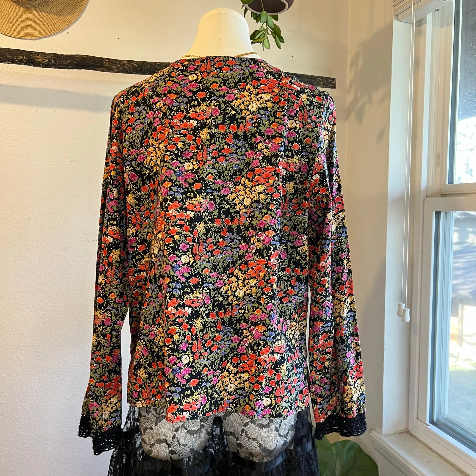 90s Black Moody Floral Print Cotton Crochet Indie Blouse Size 14 India Made Size L - Image 6