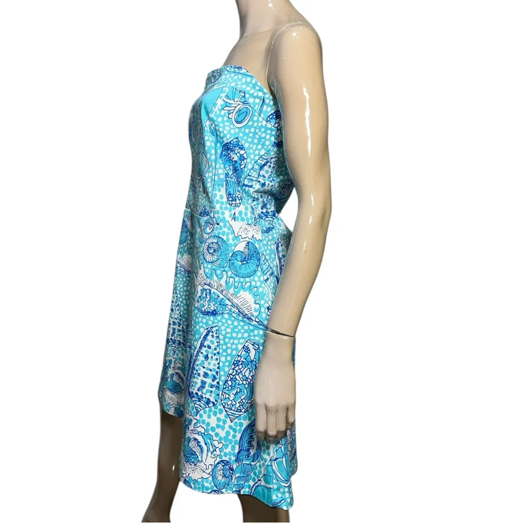 Key West NWT 8 Blue Turquoise White Shell Mosaic Tropical Lucky Strapless Dress - Image 4