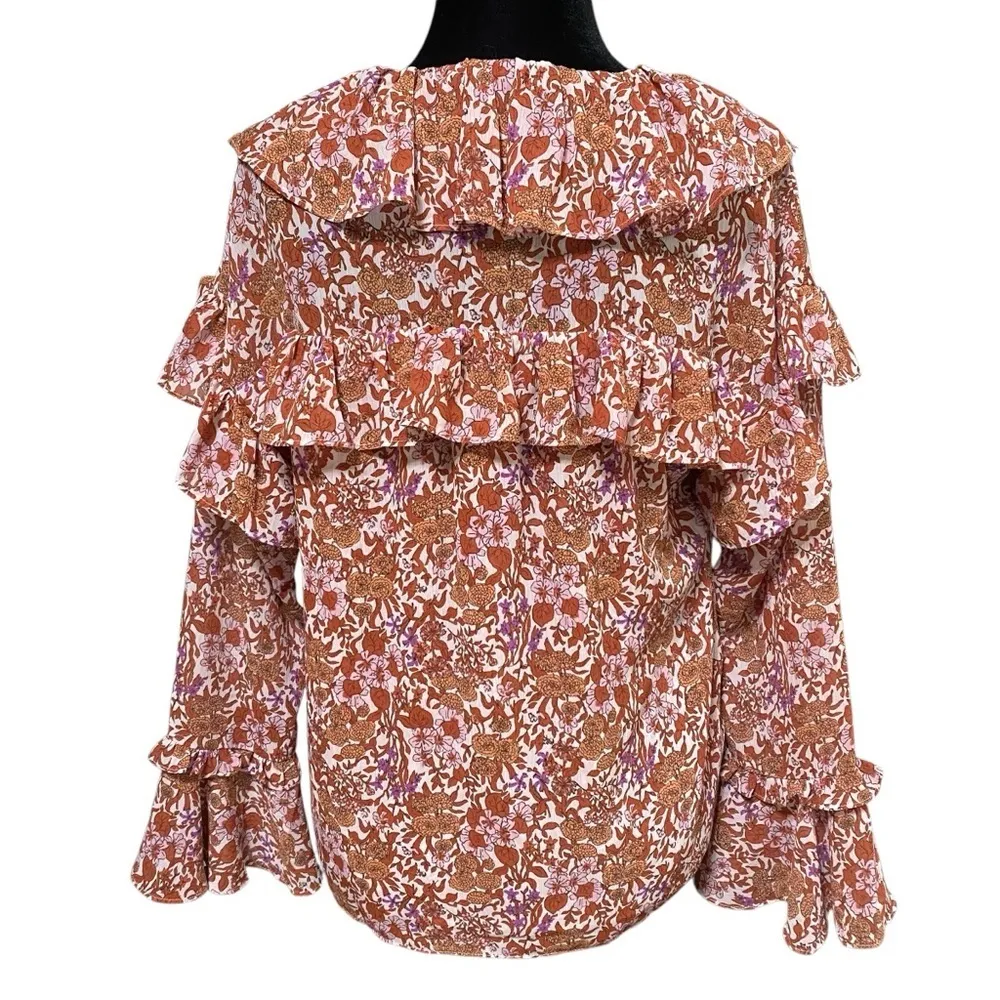 J.Crew Floral Ruffle Chiffon Peasant Blouse Boho Fairy Bell Sleeve XS - Image 4