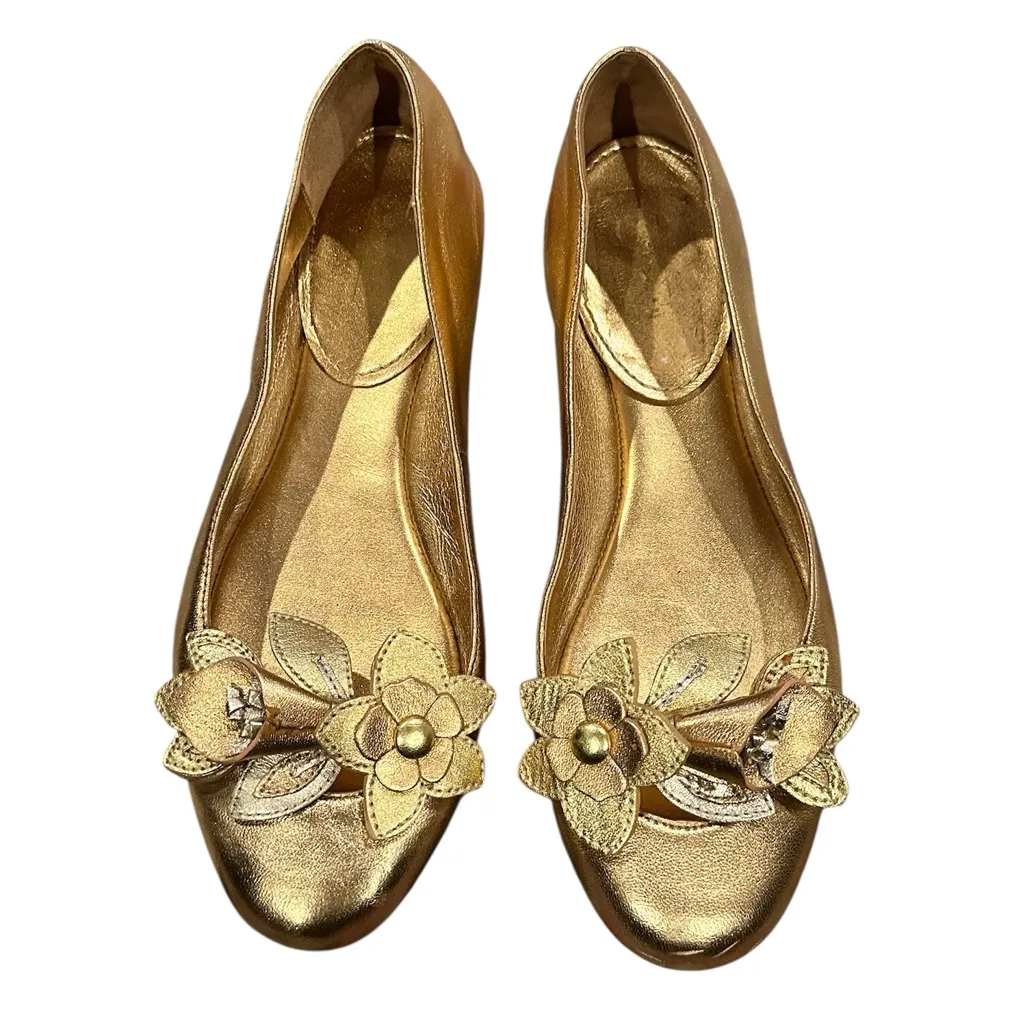 COACH CHRISANN Metallic Goldtone Ballet Flats floral round toe leather 7 - Image 2